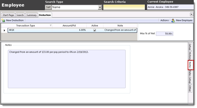 Deduction Notes tab with text entry box
