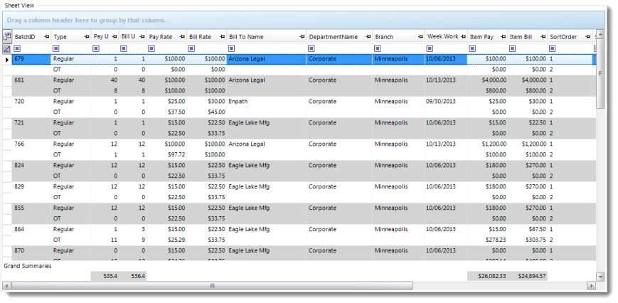 Sheet View tab in Employee Work History