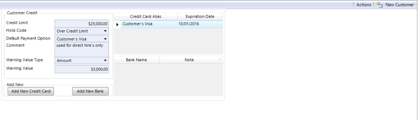 Customer Back Office Setup Credit section