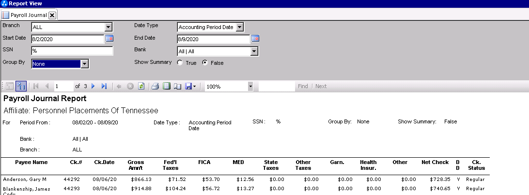 Standard Report - Payroll Journal – Avionte Classic