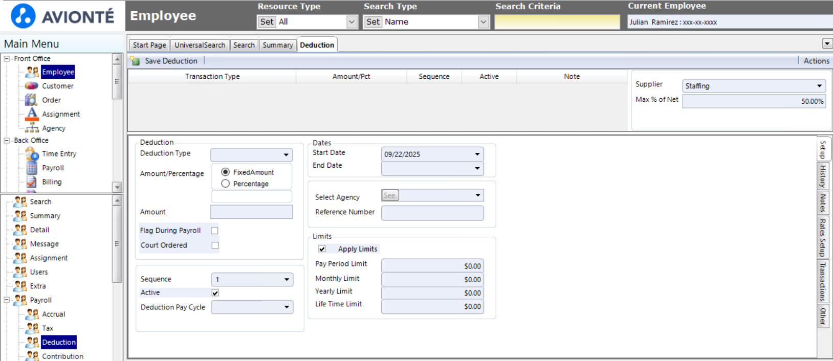 Employee sub-menu with Payroll expanded and Deduction option highlighted