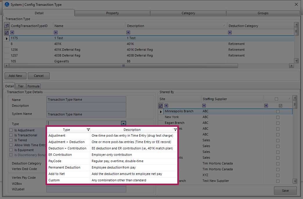 Transaction Type drop-down menu