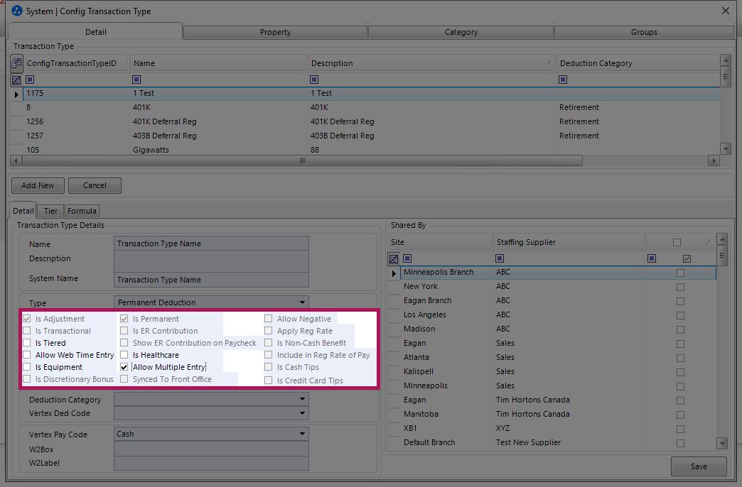 Transaction type properties checkboxes