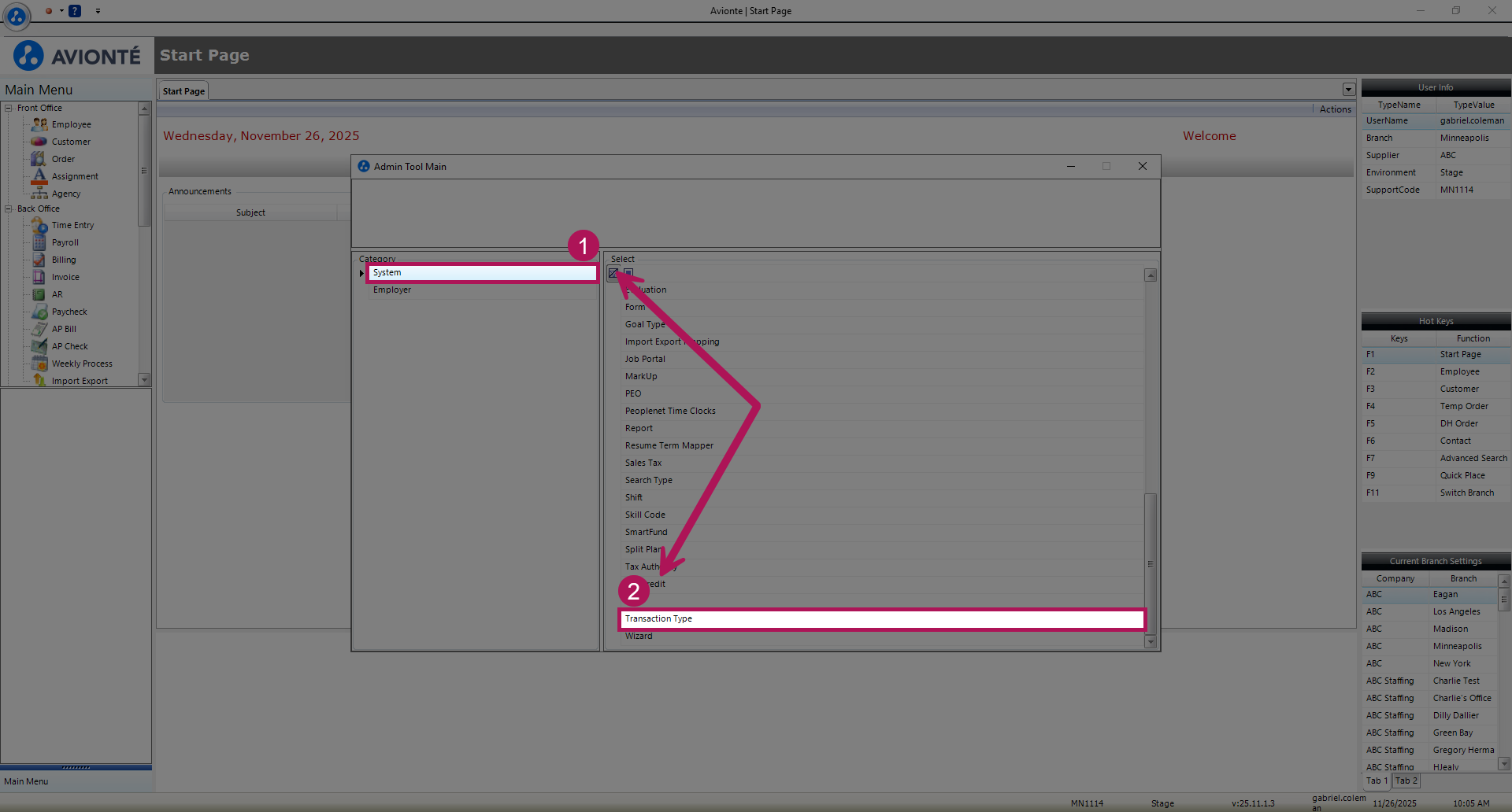 Transaction Type window