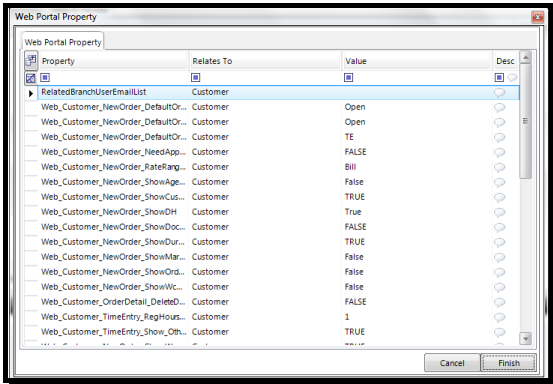 Web Portal Property window