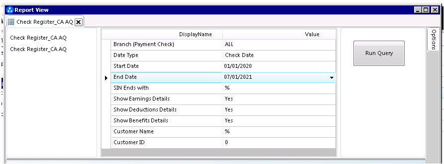 Report parameters